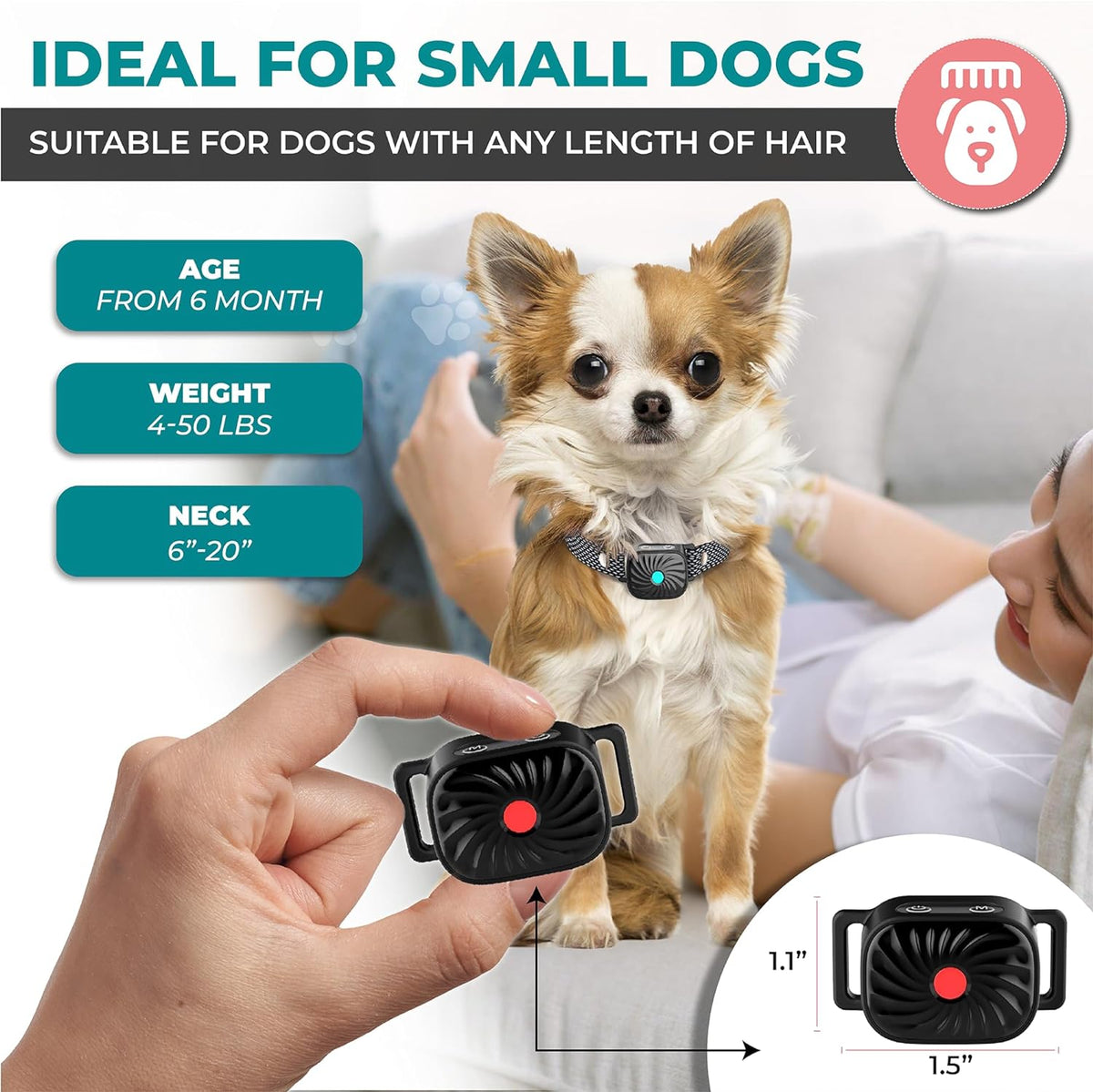 Blafband voor kleine honden met geluid en trilstand IP87 waterbestendig verstelbaar 15-50 cm anti-blaf training | Sulvida