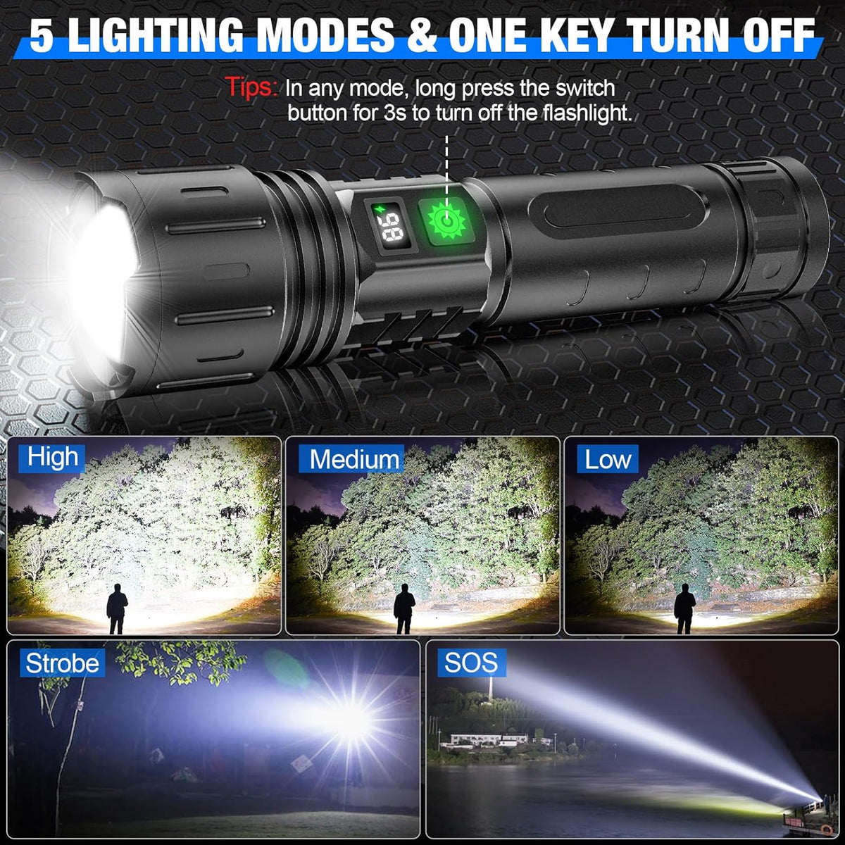 Tactische LED-zaklamp 100.000 lumen oplaadbaar USB-C 1000 meter bereik waterdicht voor kamperen tuin | Sulvida