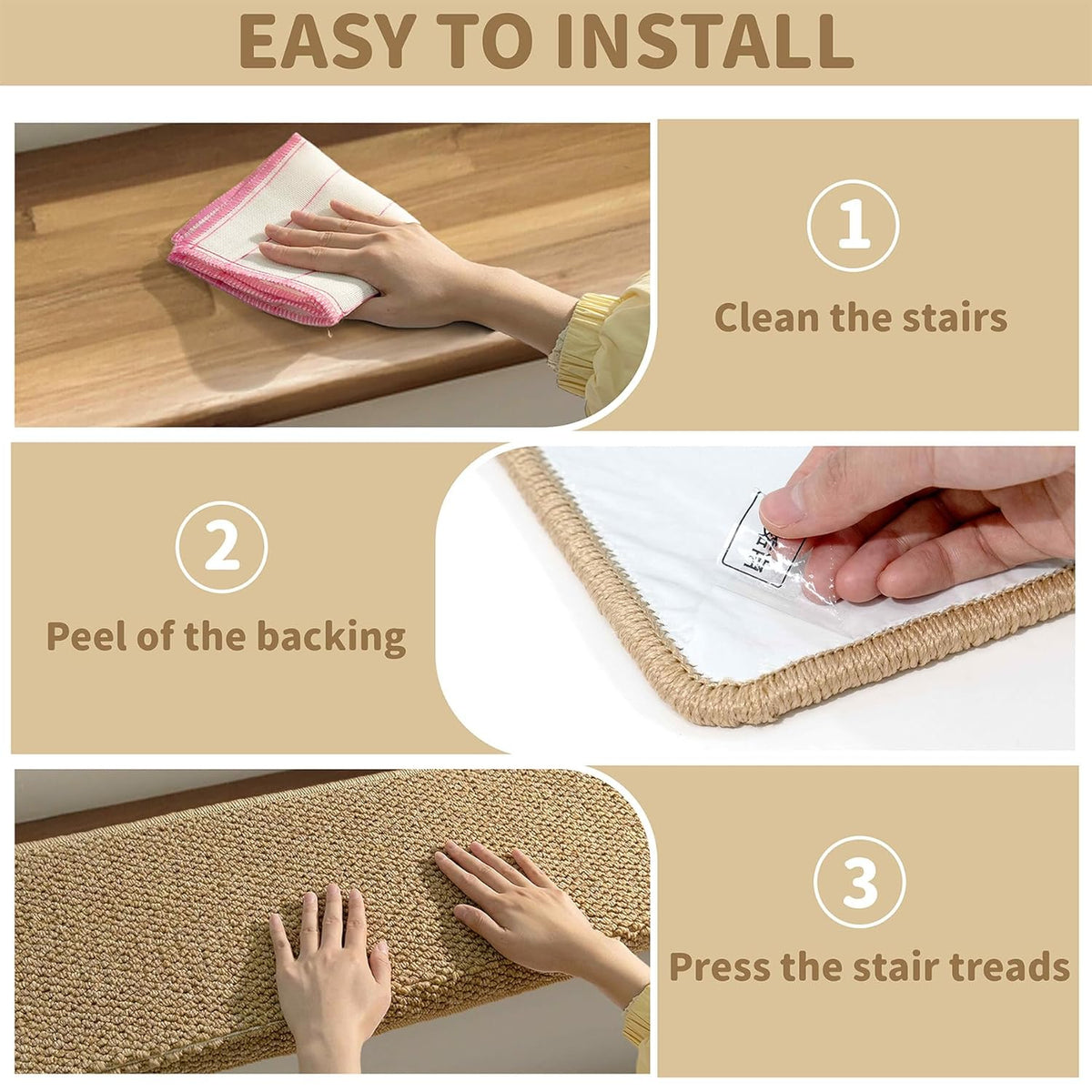 Antislip Trapmatten met Neusrand Set 14 Stuks Beige Geluidsdemping Traptreden Bescherming Veilig Lopen | Sulvida