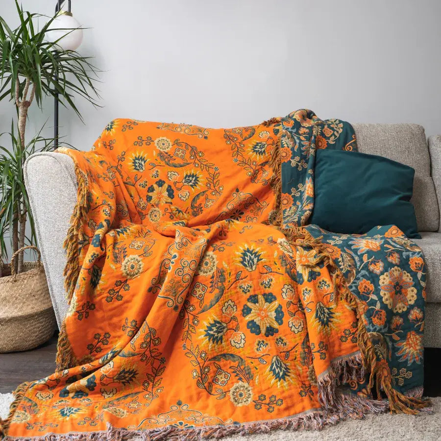 Vintage Plaid met Bloemdessin – Luxe Geweven Deken voor Bank en Bed – Franjedeken – Boho Stijl Woondecoratie en Warmte | Sulvida