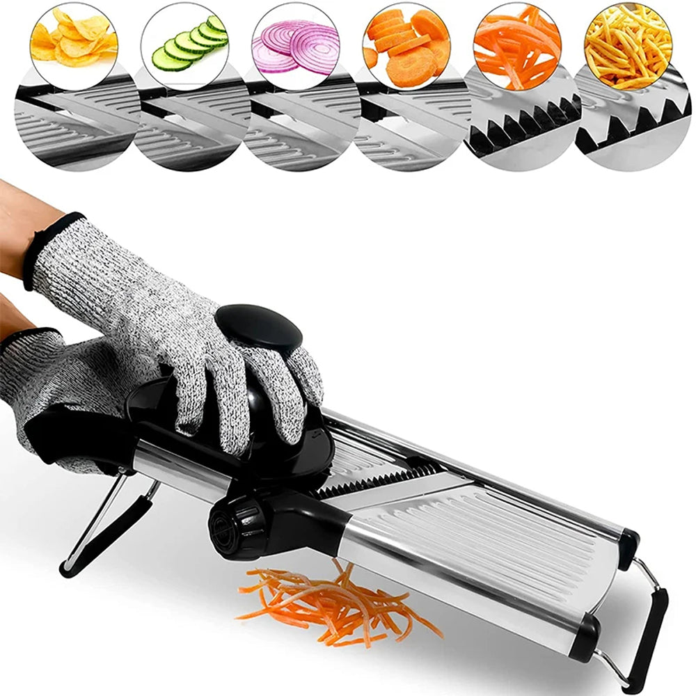 Mandoline professionnelle avec 6 réglages de coupe et gant de protection antidérapant pour la cuisine | Sulvida