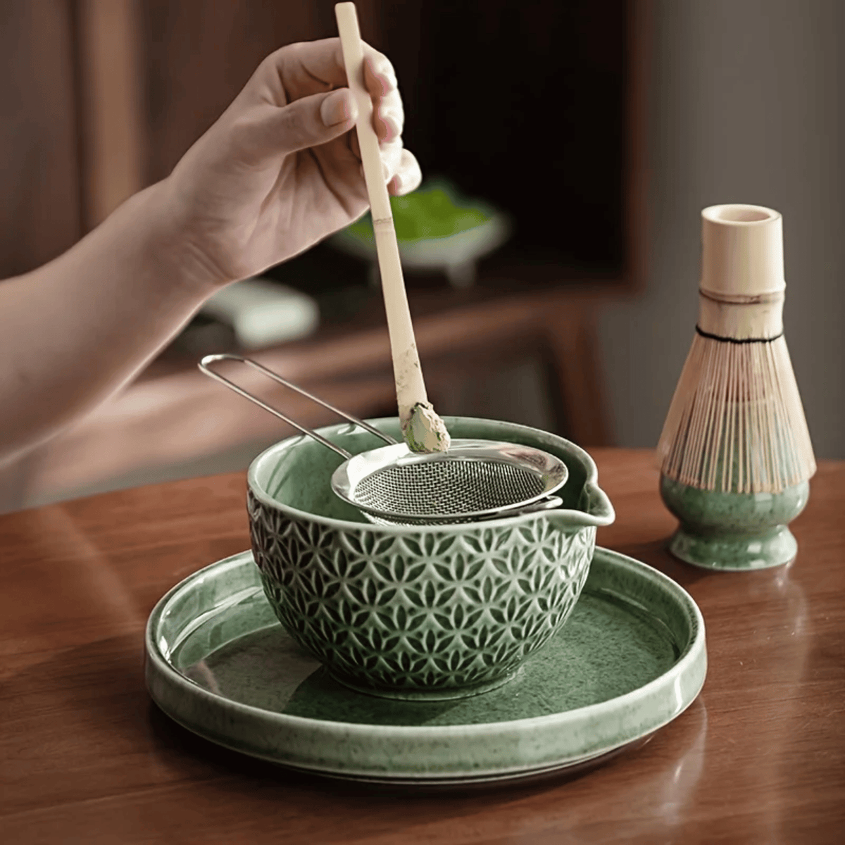 Japanse Matcha Thee Set Groen Patroon Keramiek met Bamboeklopper Theeset Matcha Ceremonie Bowl Traditioneel | Sulvida
