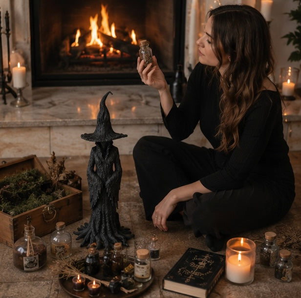 Heksen Beeldje Hars Zwart Gothic Tovenares – Mystieke Decoratie Halloween Interieur Sfeervolle Woonkamer | Sulvida