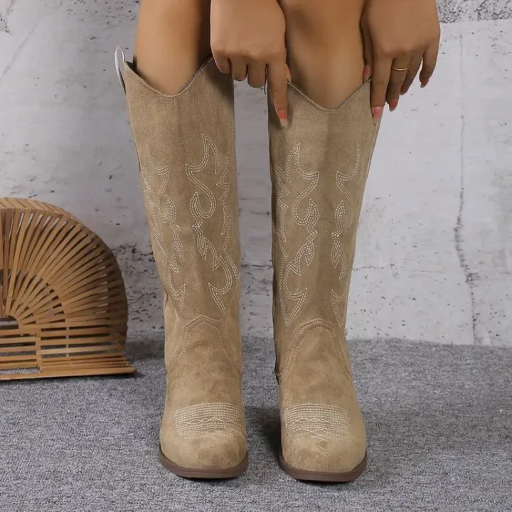 Suède Cowboylaarzen Dames Kniehoog Western Boots Klassiek Design Kaki Bruin Roze Zwart Beige Comfortabel Stijlvol | Sulvida