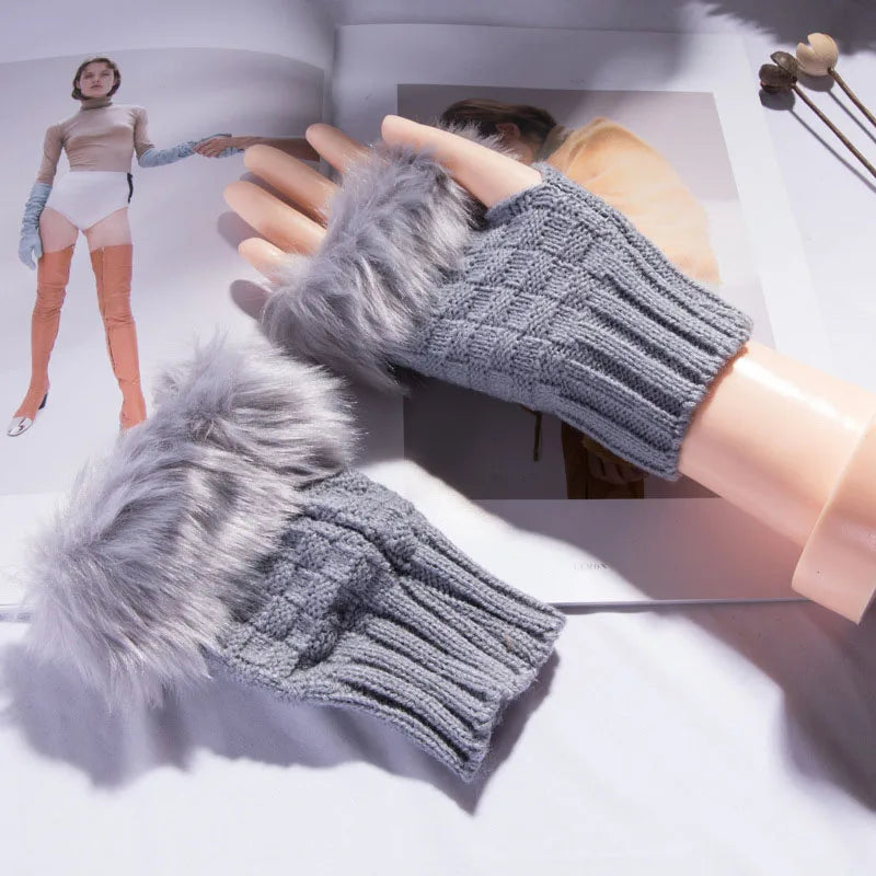 Vingerloze Handschoenen Dames Faux Fur Winter Pluche Wanten Gebreide Warme Touchscreen Winterhandschoenen | Sulvida