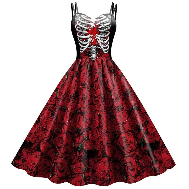 Gothic jurk met skeletten en rozen print zwart rood A-lijn feestjurk vintage stijl dames knie lang retro | Sulvida