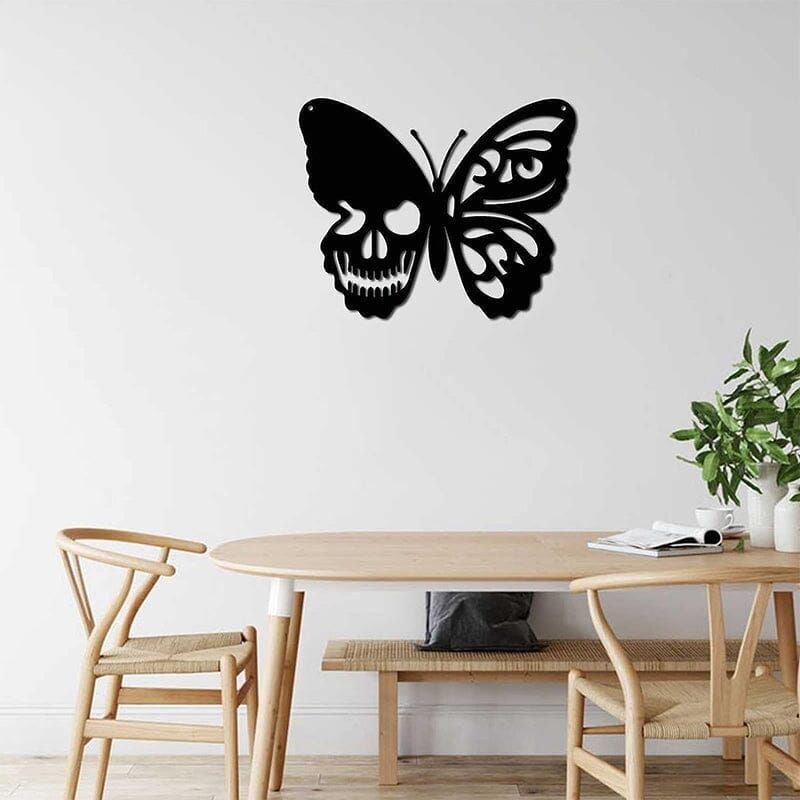 Metalen Vlinder Schedel Wanddecoratie Gothic Design Kunstwerk Interieur Woonkamer Kantoor Zwart Muurdecoratie | Sulvida