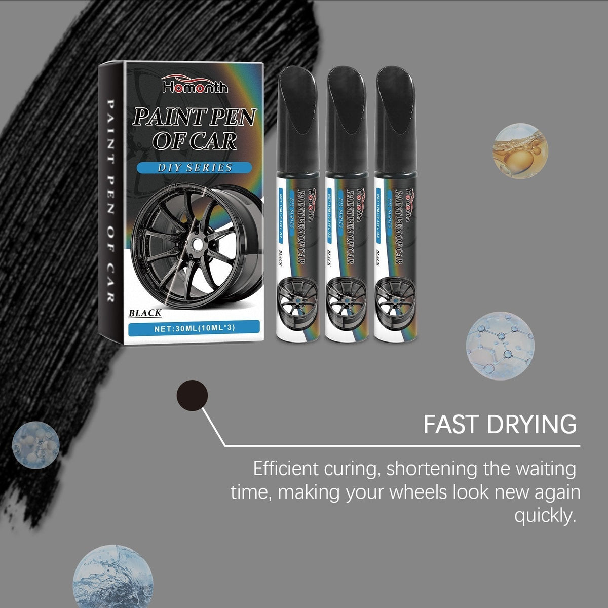 Stylo de retouche pour jantes noir, lot de 3 flacons pour réparer les petites rayures des jantes et retoucher la peinture des roues de voiture | Sulvida