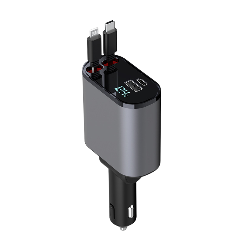 Chargeur de voiture 4-en-1 avec câble rétractable Type-C Lightning, charge rapide, 80cm, universel 12-24V | Sulvida