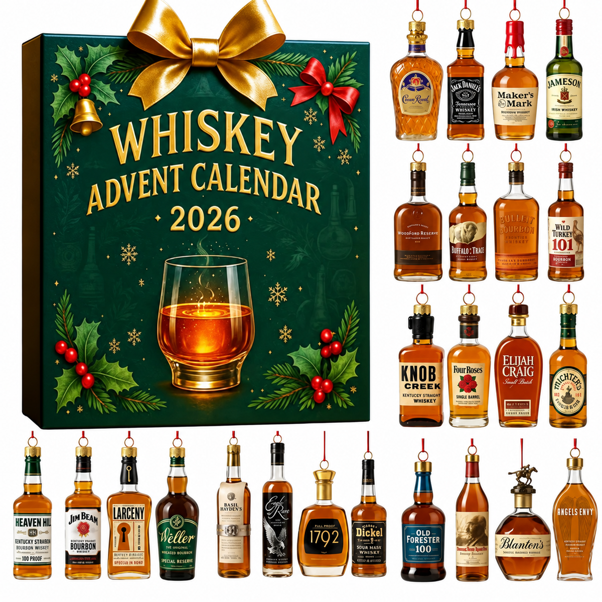 Whisky Adventskalender 2026 met 24 Decoratieve Miniaturen voor Kerst Countdown Kerstversiering Decoratie | Sulvida
