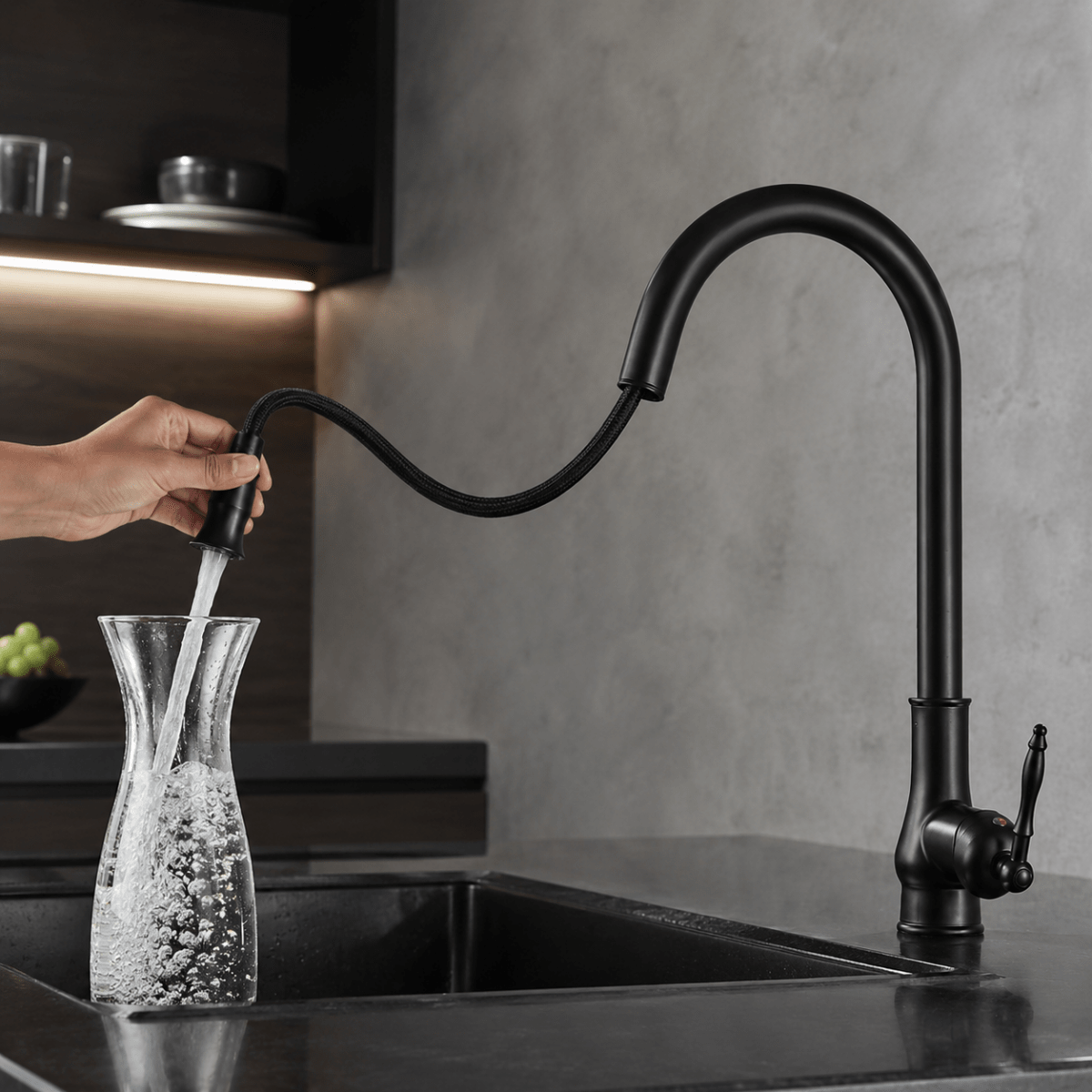 Uittrekbare keukenkraan massief messing met flexibele handdouche voor spoelen vullen reinigen keuken | Sulvida