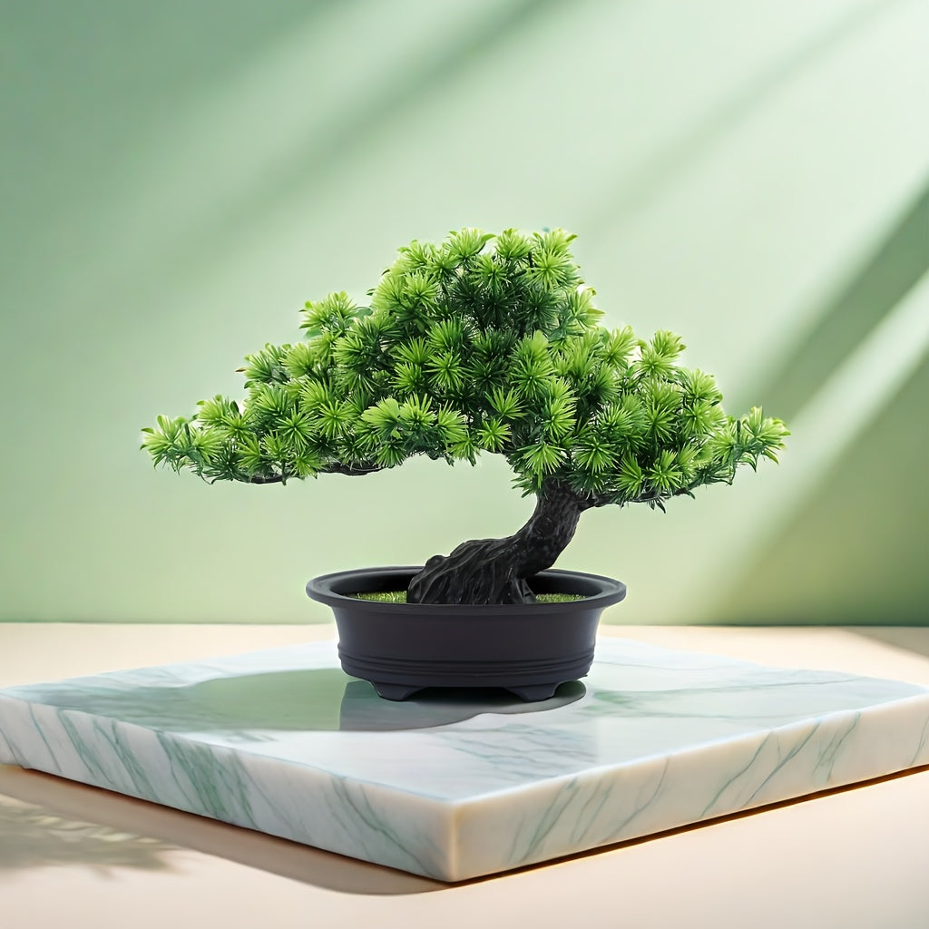 Bonsaï décoratif artificiel de 24 cm de haut avec pot noir, sans entretien, plante artificielle verte pour l’intérieur | Sulvida