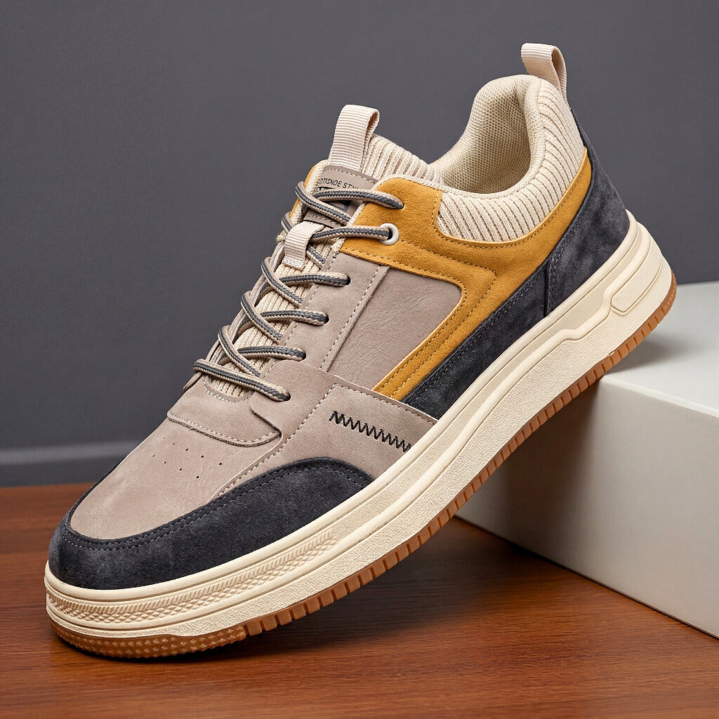 Herensneakers van suède leer met gebreide details taupe zwart bruin casual sportschoen comfortabel stijlvol | Sulvida