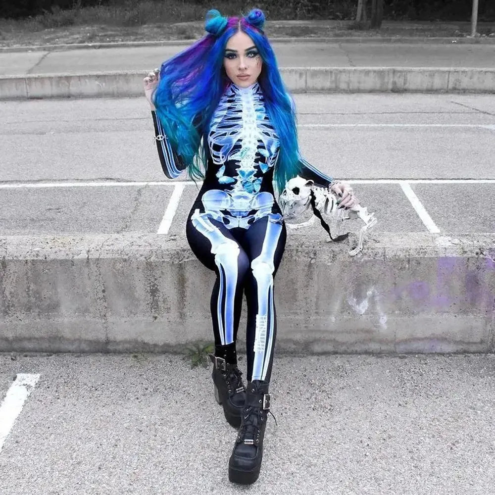 Combinaison squelette pour adultes, costume d’Halloween à motif de radiographie, vêtement extensible pour fête