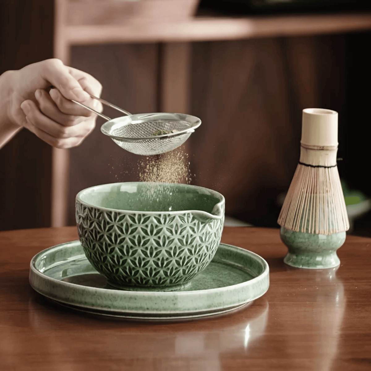 Japanse Matcha Thee Set Groen Patroon Keramiek met Bamboeklopper Theeset Matcha Ceremonie Bowl Traditioneel | Sulvida