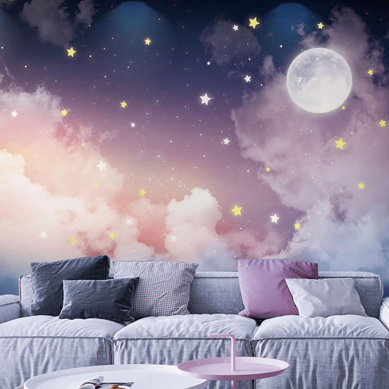 Fotobehang Maan Sterren Paars Roze 82×58 tot 197×118 cm Illustratie Wanddecoratie Modern Interieur Woonkamer | Sulvida