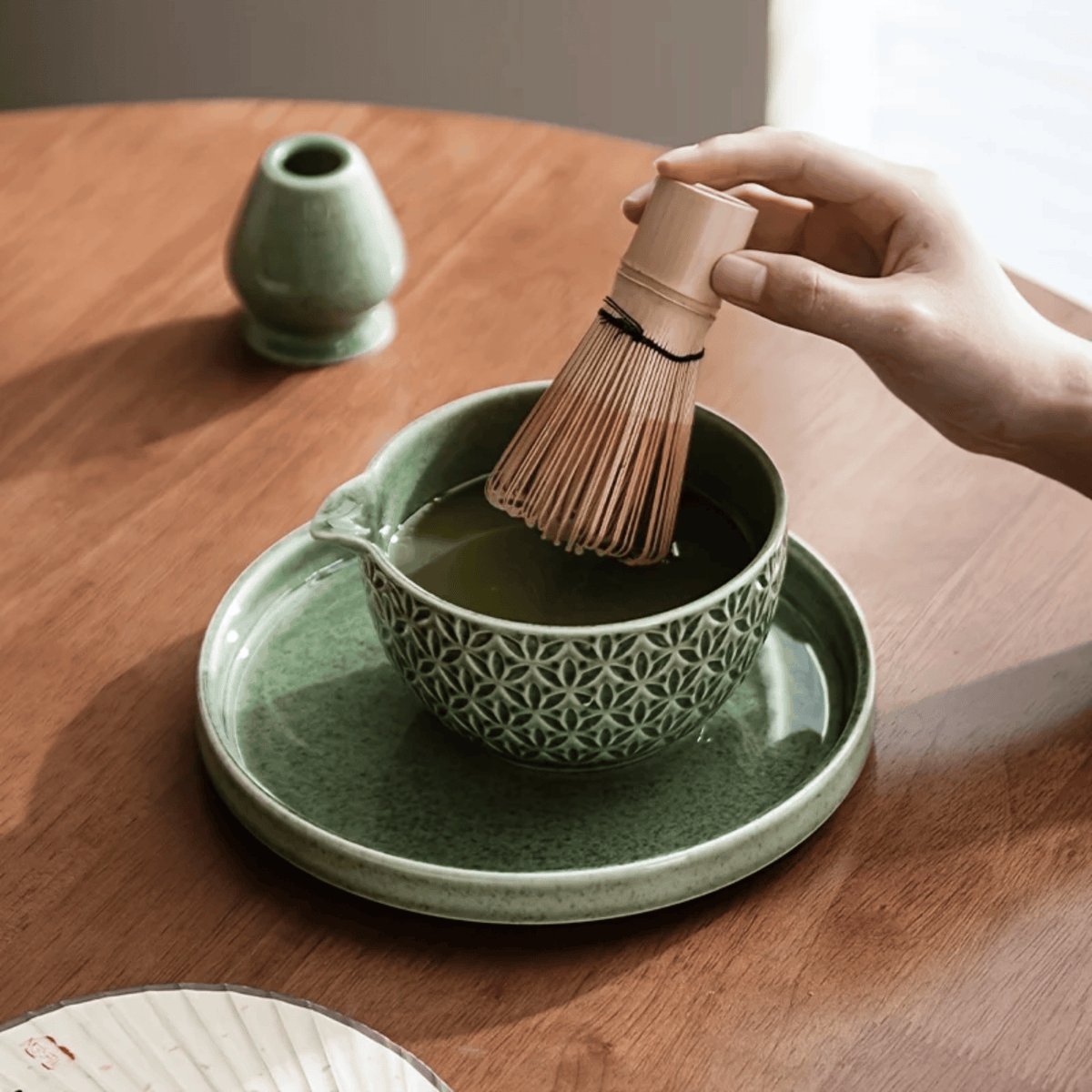 Japanse Matcha Thee Set Groen Patroon Keramiek met Bamboeklopper Theeset Matcha Ceremonie Bowl Traditioneel | Sulvida