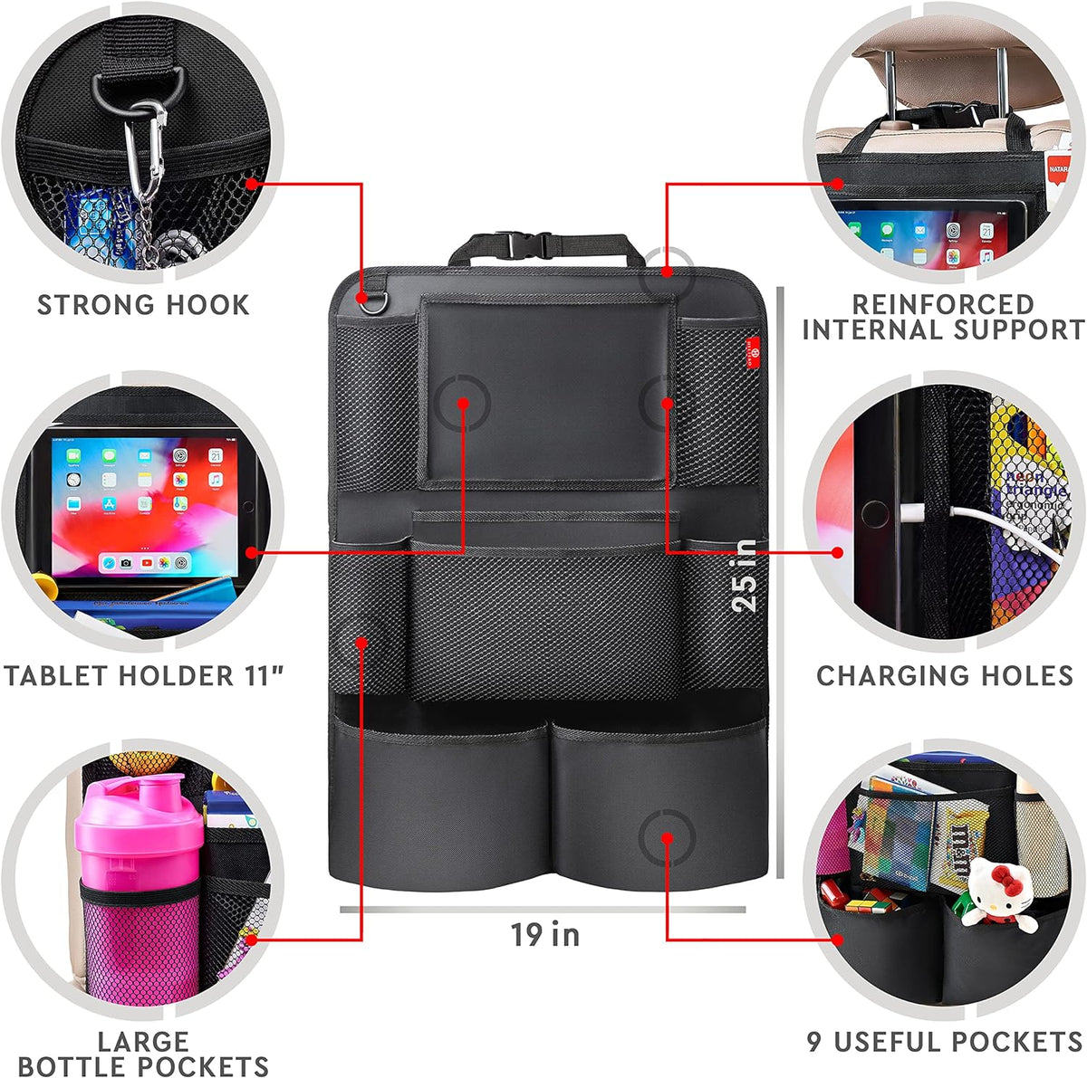 Auto-organizer met Tablet-houder – 2-pack voor Achterbank met 9 Vakken – Autostoel-opberger Zwart Reis | Sulvida