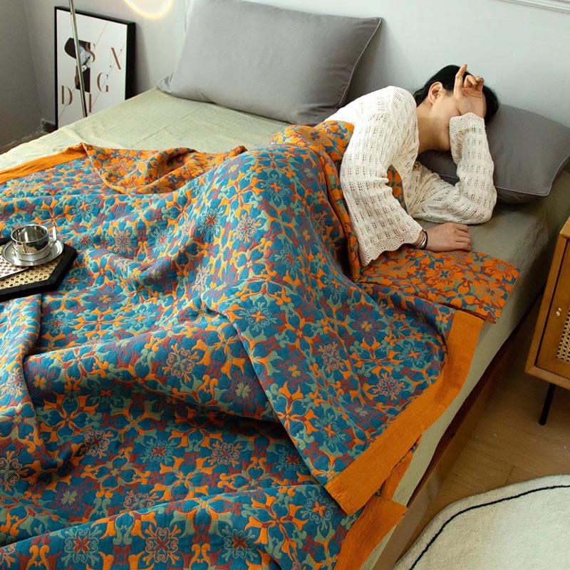 Zeslaags Katoenen Quilt Oranje en Blauw Patroon Omkeerbaar Dekbed Ademend Bedtextiel voor Modern Slaapkamerinterieur | Sulvida