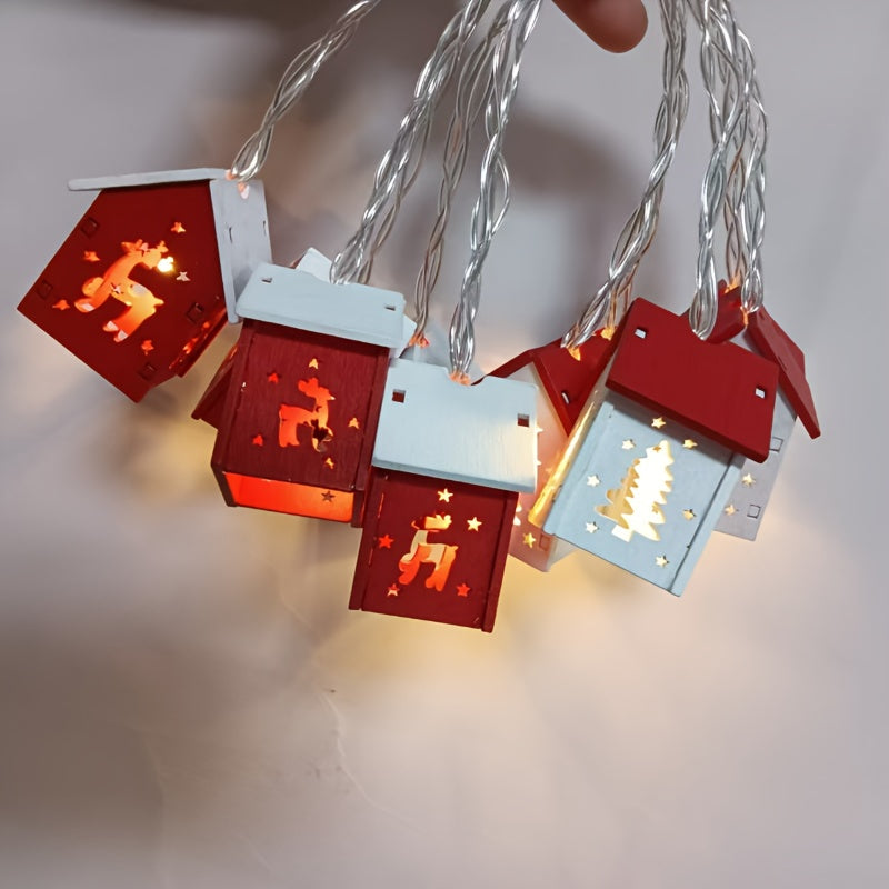 Houten Huisjes Lichtslinger Kerst met Warm LED Licht Sfeerverlichting Winterdecoratie Snoer 200 cm Kerstdecoratie | Sulvida