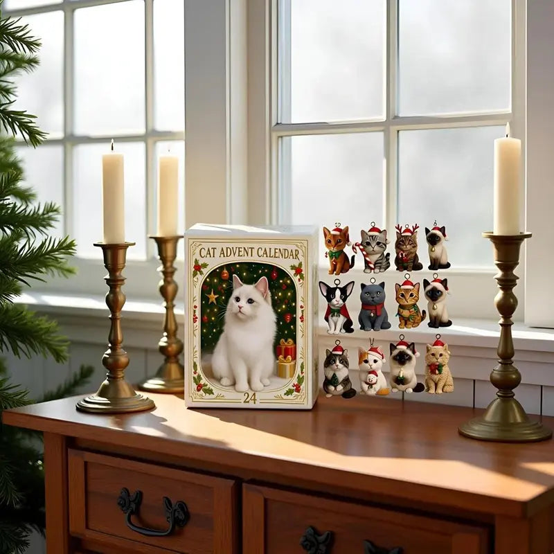 Kerstkalender met 24 Acryl Kattenfiguren – December Aftelkalender Decoratie voor Kattenliefhebbers Thuis | Sulvida
