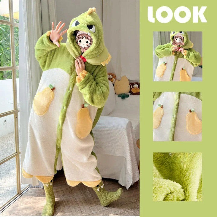 Dieren Onesie Pyjama met Capuchon Vos Dino Print voor Kinderen Volwassenen Comfortabel Herfst Winter Thuis | Sulvida