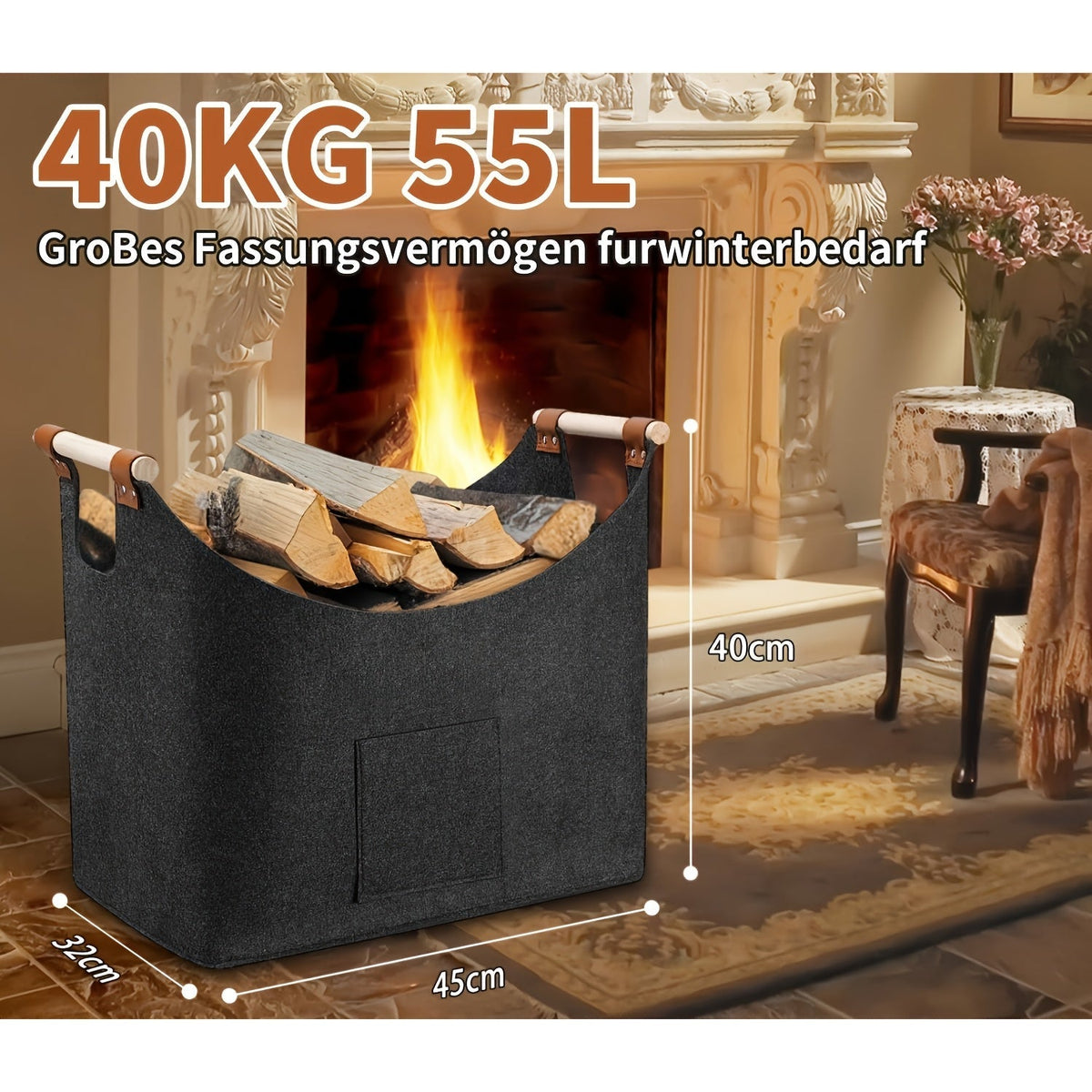 Filten Haardhoutmand 55L Opvouwbaar Donkergrijs met Houten Handvatten Modern Haardaccessoire Interieur | Sulvida
