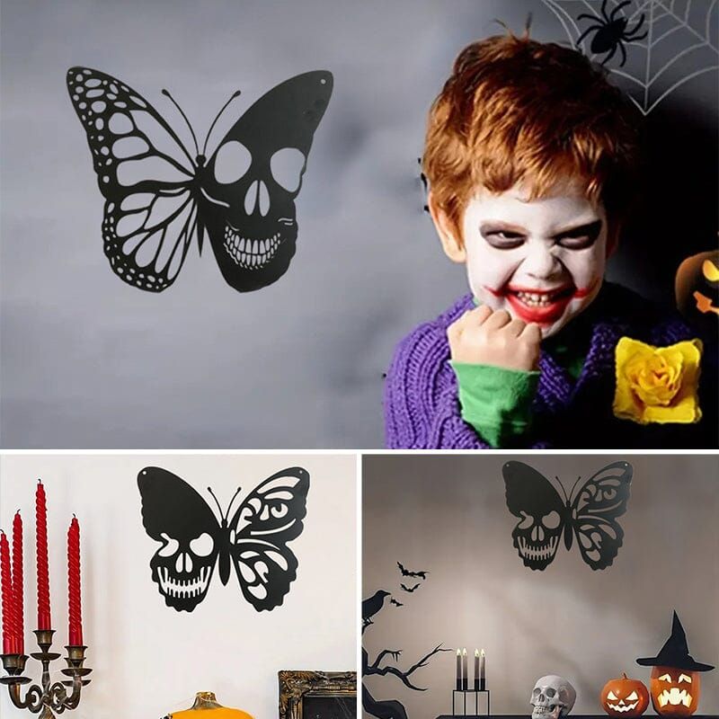Metalen Vlinder Schedel Wanddecoratie Gothic Design Kunstwerk Interieur Woonkamer Kantoor Zwart Muurdecoratie | Sulvida