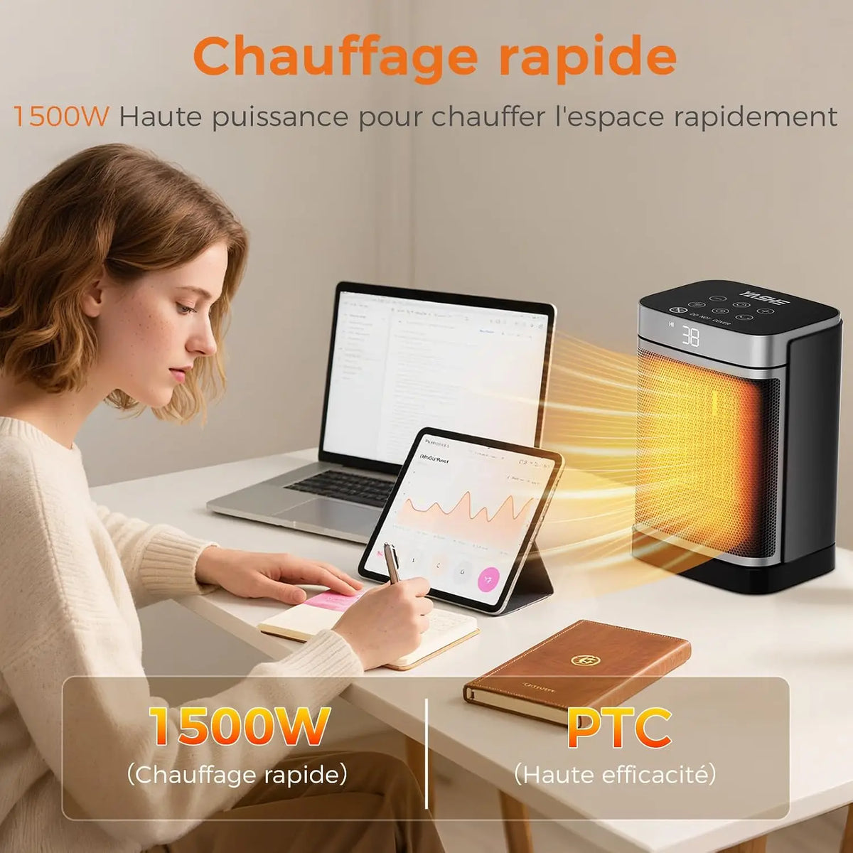 Chauffage céramique 1500W avec télécommande, minuterie, thermostat et oscillation | Sulvida