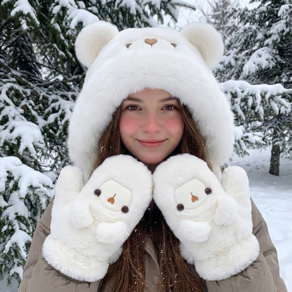 Fluffy Bear Wintermuts Unisex Polyester Pluche Berenontwerp met Oorflappen Warm Winteraccessoire Knuffelzacht | Sulvida