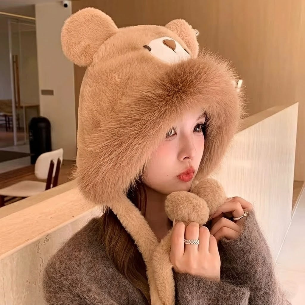 Fluffy Bear Wintermuts Unisex Polyester Pluche Berenontwerp met Oorflappen Warm Winteraccessoire Knuffelzacht | Sulvida