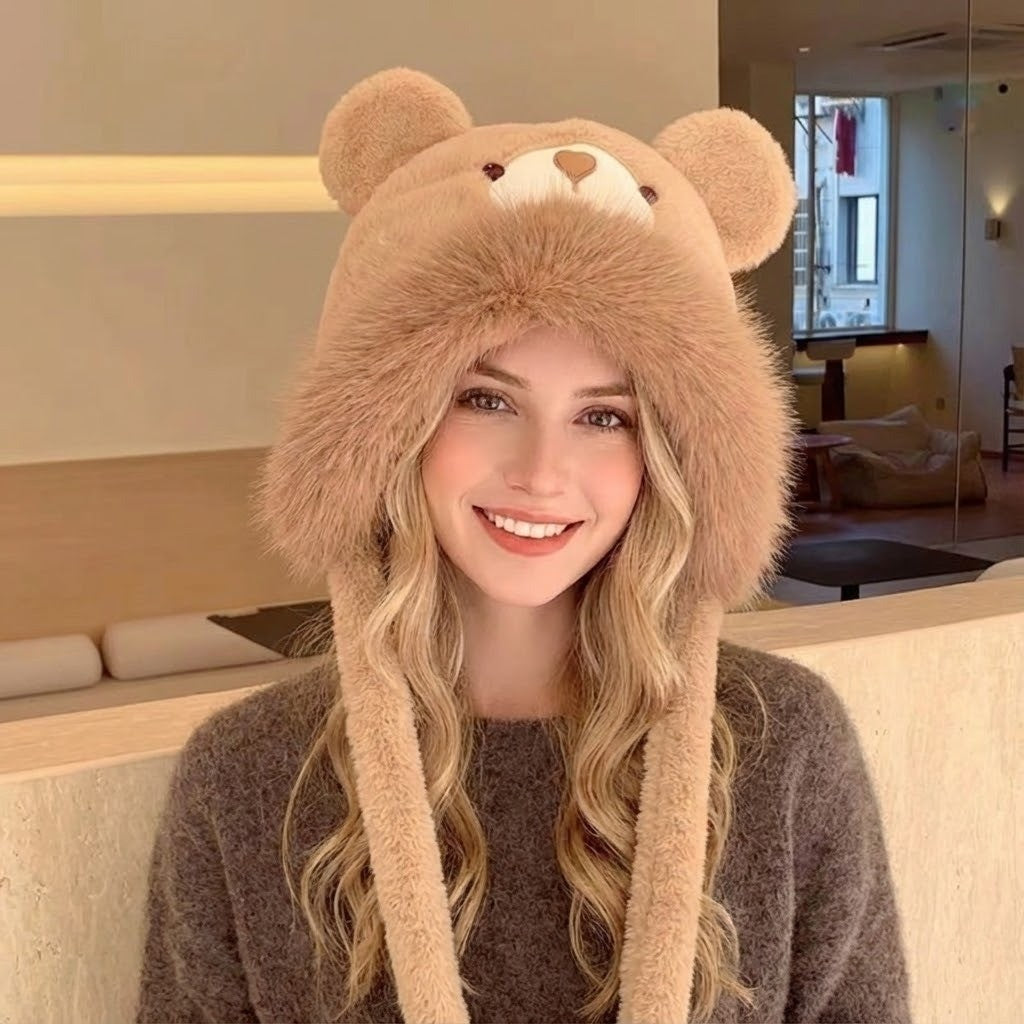 Fluffy Bear Wintermuts Unisex Polyester Pluche Berenontwerp met Oorflappen Warm Winteraccessoire Knuffelzacht | Sulvida