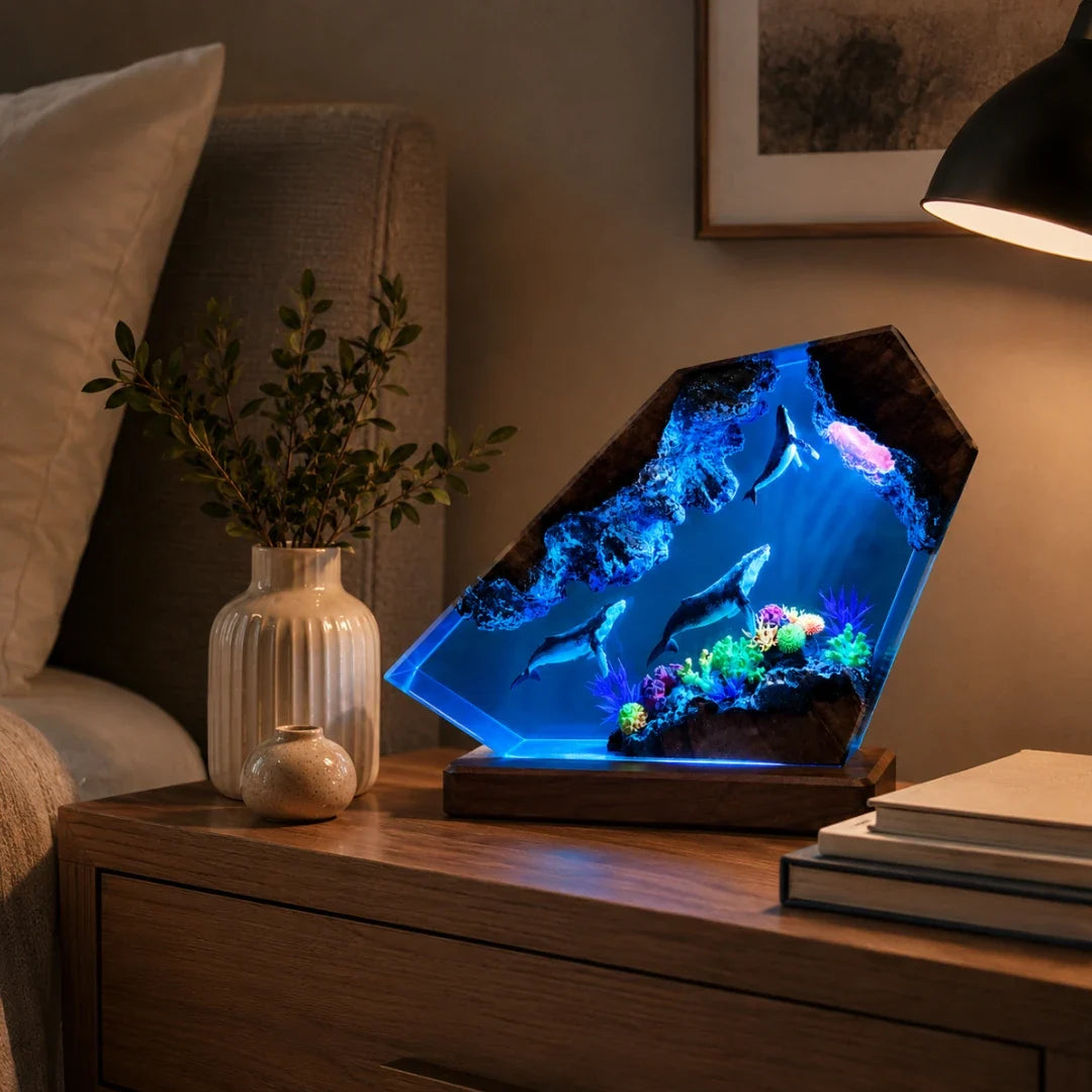 Oceaan Harslamp met LED-Verlichting Walvis & Koraalrif Decoratie USB-Lichtbron Transparante Resinblok | Sulvida