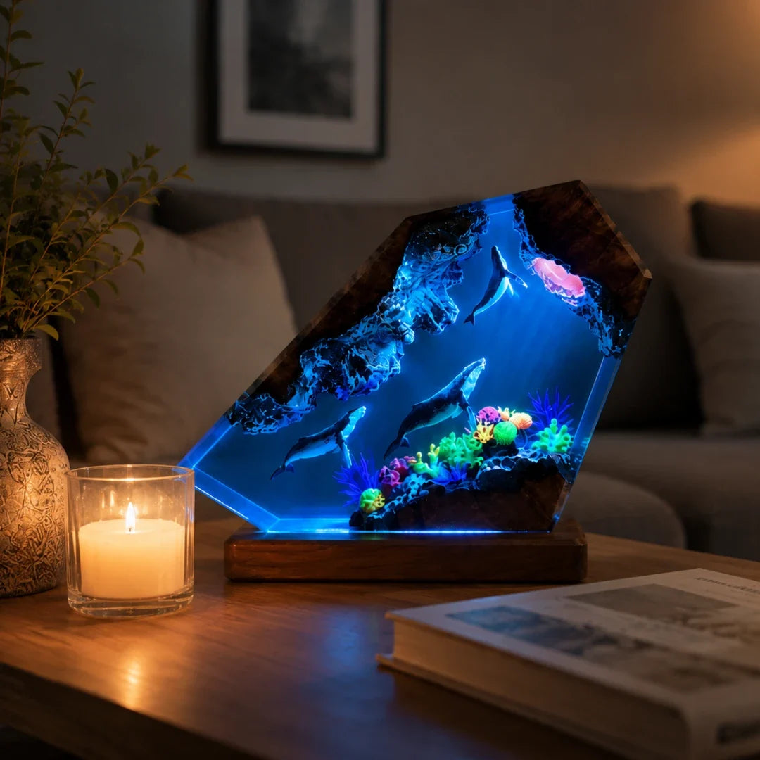 Oceaan Harslamp met LED-Verlichting Walvis & Koraalrif Decoratie USB-Lichtbron Transparante Resinblok | Sulvida