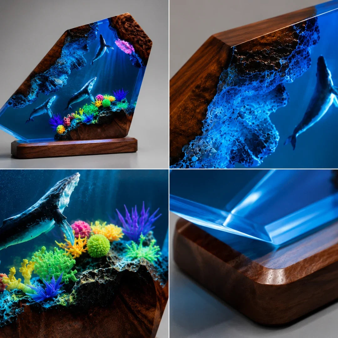 Oceaan Harslamp met LED-Verlichting Walvis & Koraalrif Decoratie USB-Lichtbron Transparante Resinblok | Sulvida