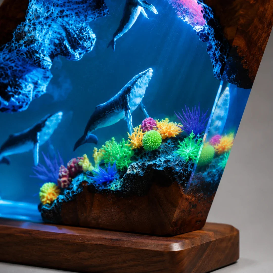 Oceaan Harslamp met LED-Verlichting Walvis & Koraalrif Decoratie USB-Lichtbron Transparante Resinblok | Sulvida