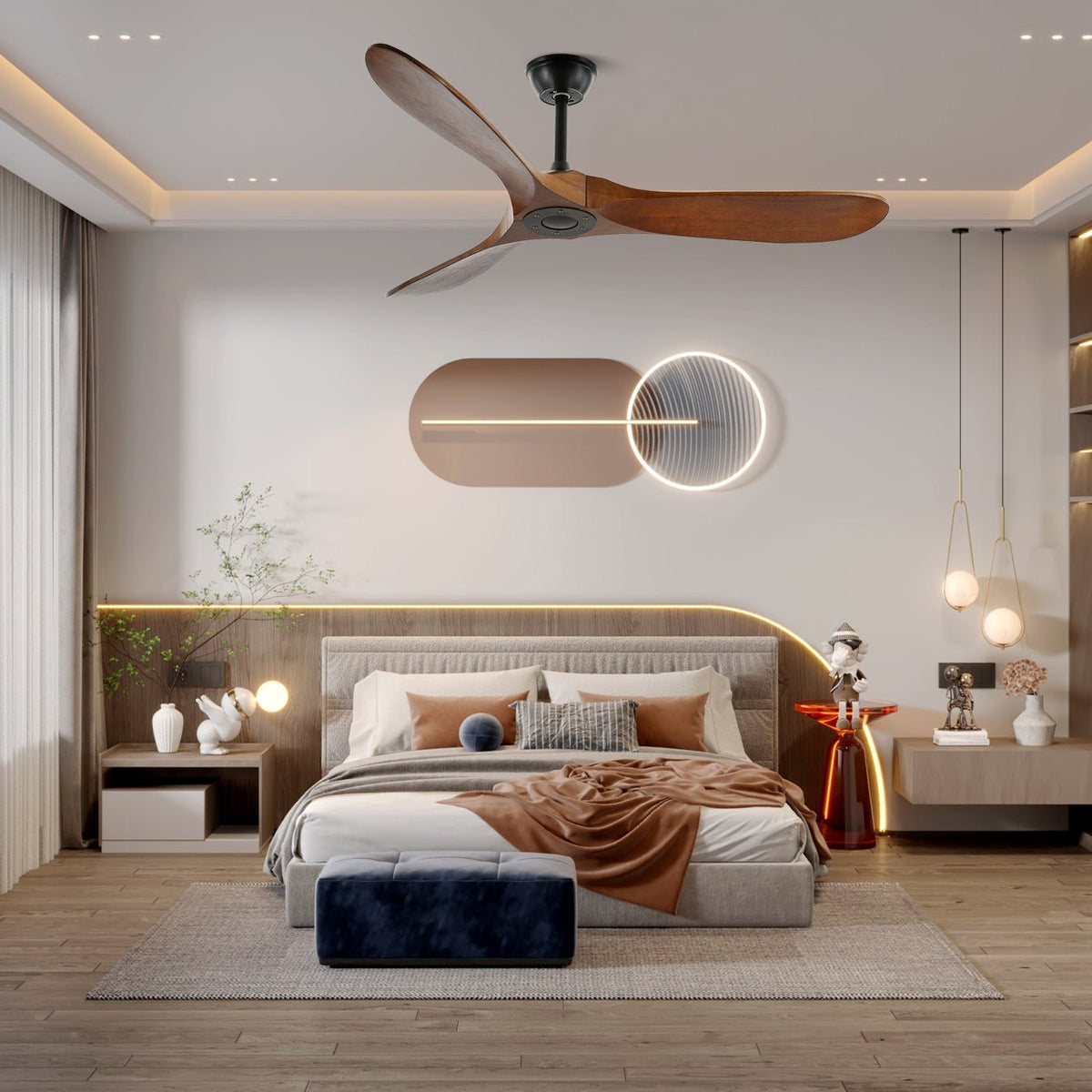Plafondventilator Met Houten Bladen Afstandsbediening 6 Snelheden 106cm 132cm Diameter Verstelbaar Plafond | Sulvida