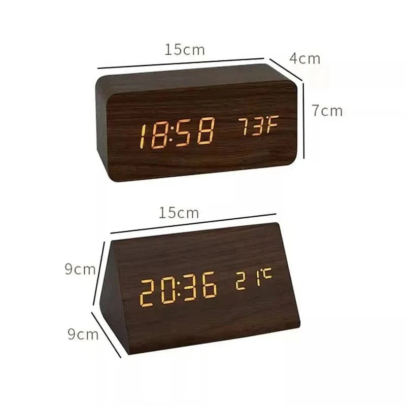Digitale wekker houtlook LED temperatuurweergave drie alarmen instelbare helderheid slaapkamer nachtkastje | Sulvida