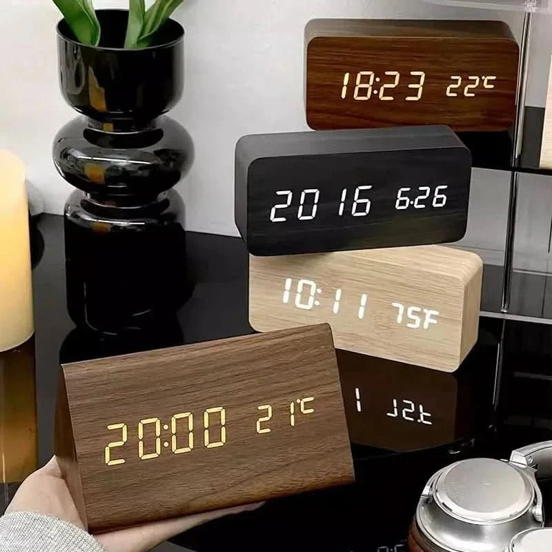 Digitale wekker houtlook LED temperatuurweergave drie alarmen instelbare helderheid slaapkamer nachtkastje | Sulvida