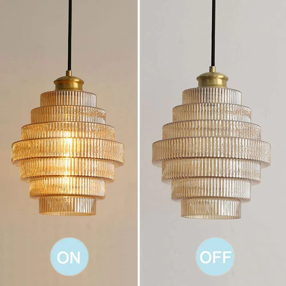Geribbelde glazen hanglamp gelaagd flessendesign Art Deco vintage eetkamer keuken woonkamer slaapkamer | Sulvida