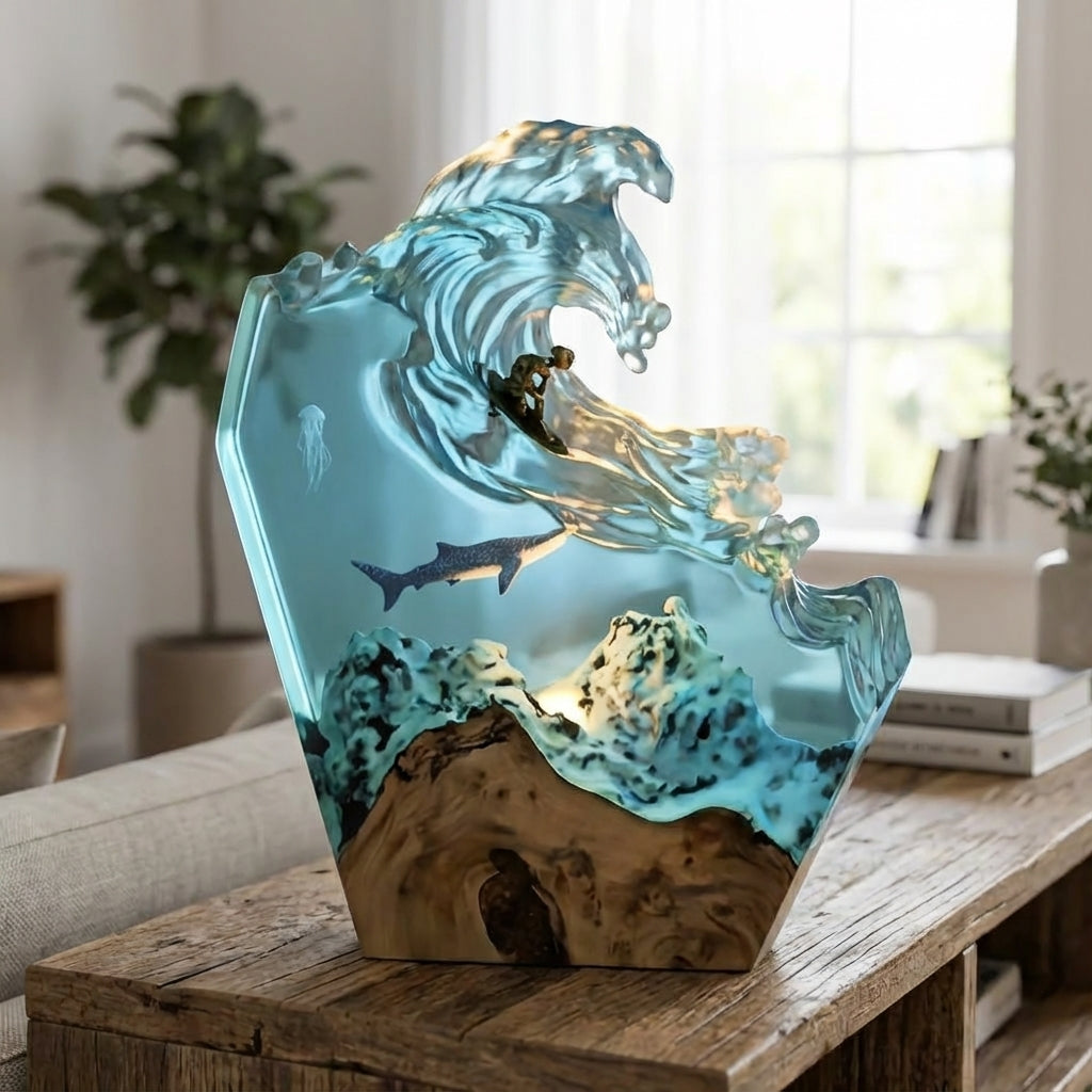 Lampe-sculpture baleine Ocean à intensité réglable en résine, éclairage de table d’ambiance, lampe de chevet, design maritime | Sulvida