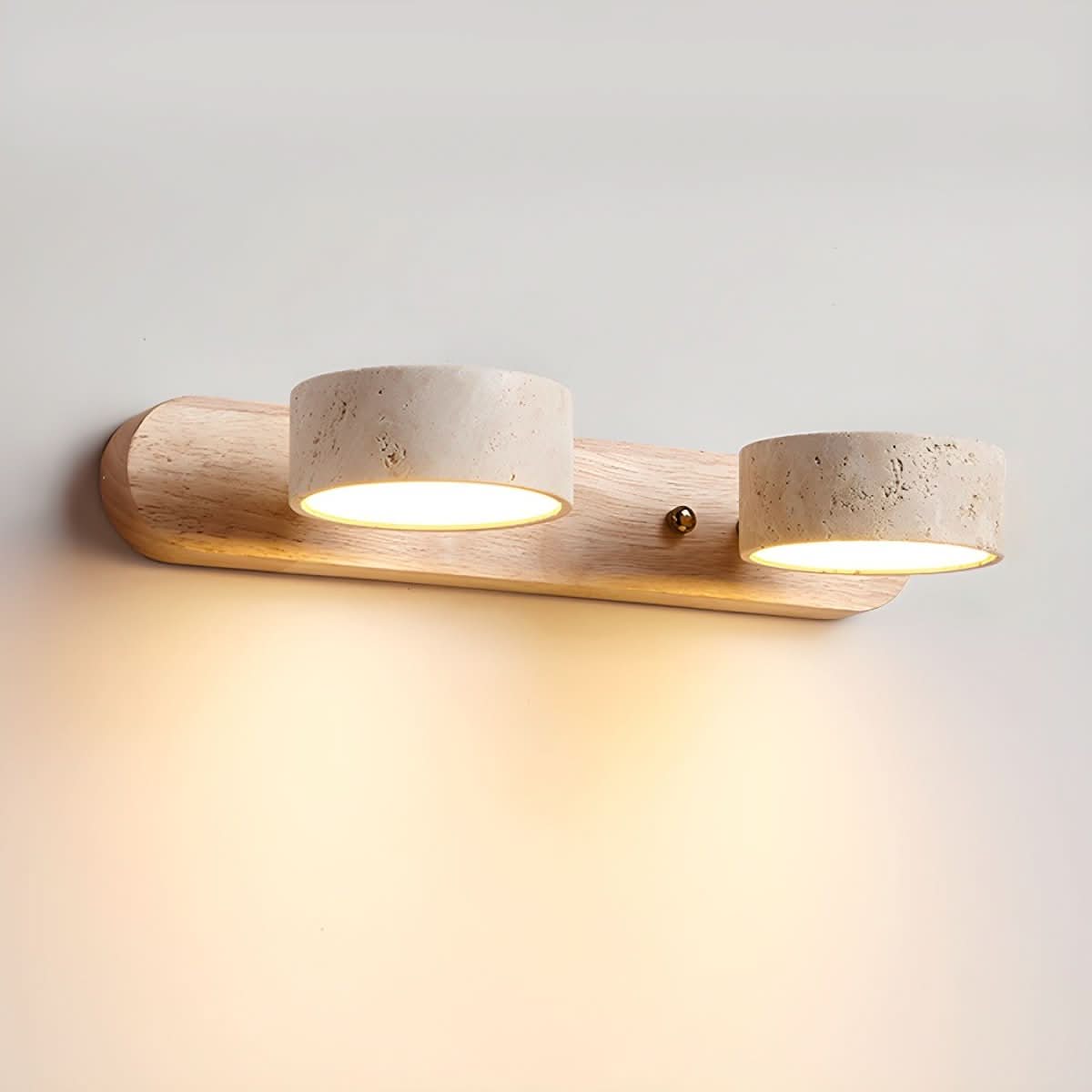 Applique murale LED en pierre naturelle, travertin et bois, lumière architecturale chaleureuse, design moderne et convivial, salon, intérieur | Sulvida
