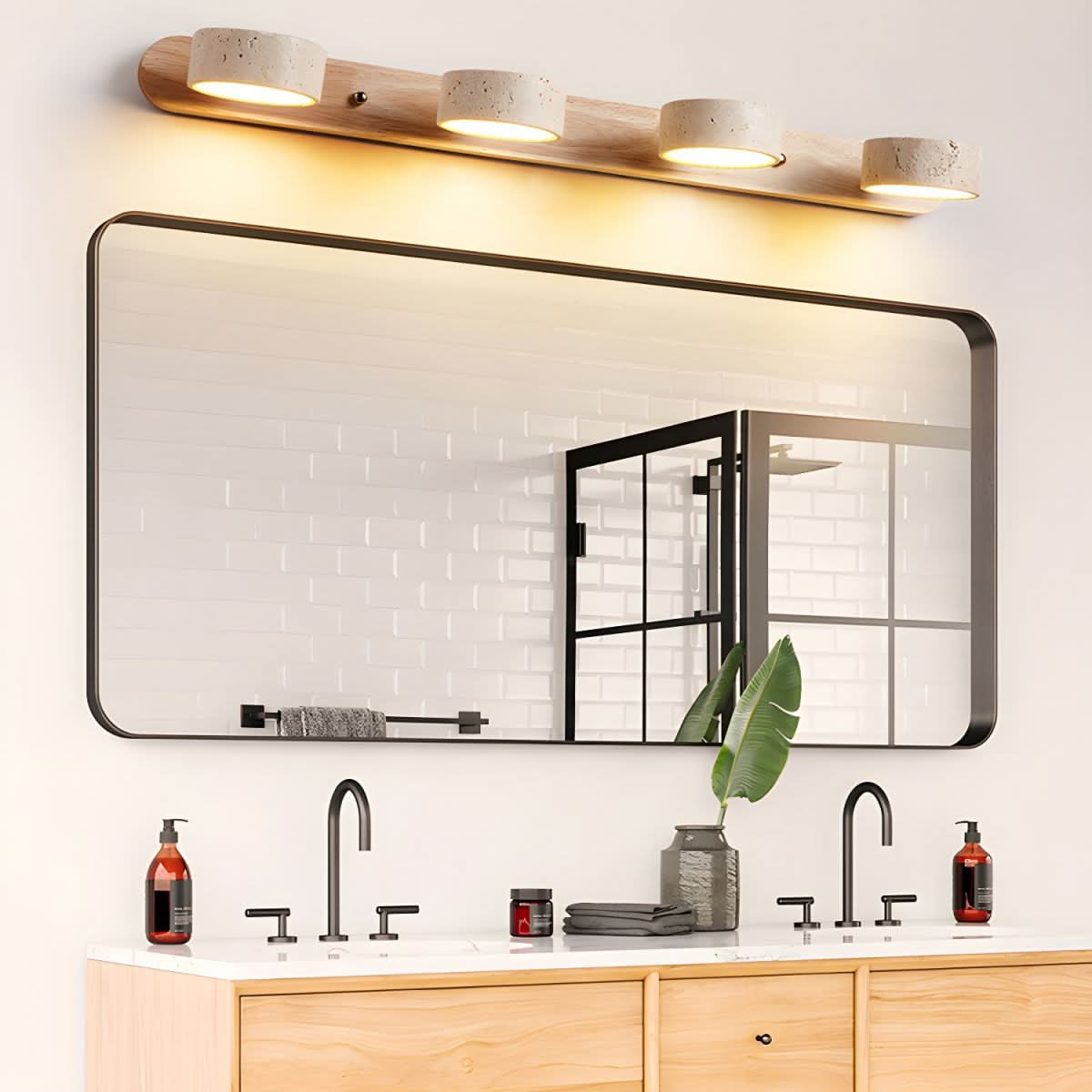 Applique murale LED en pierre naturelle, travertin et bois, lumière architecturale chaleureuse, design moderne et convivial, salon, intérieur | Sulvida