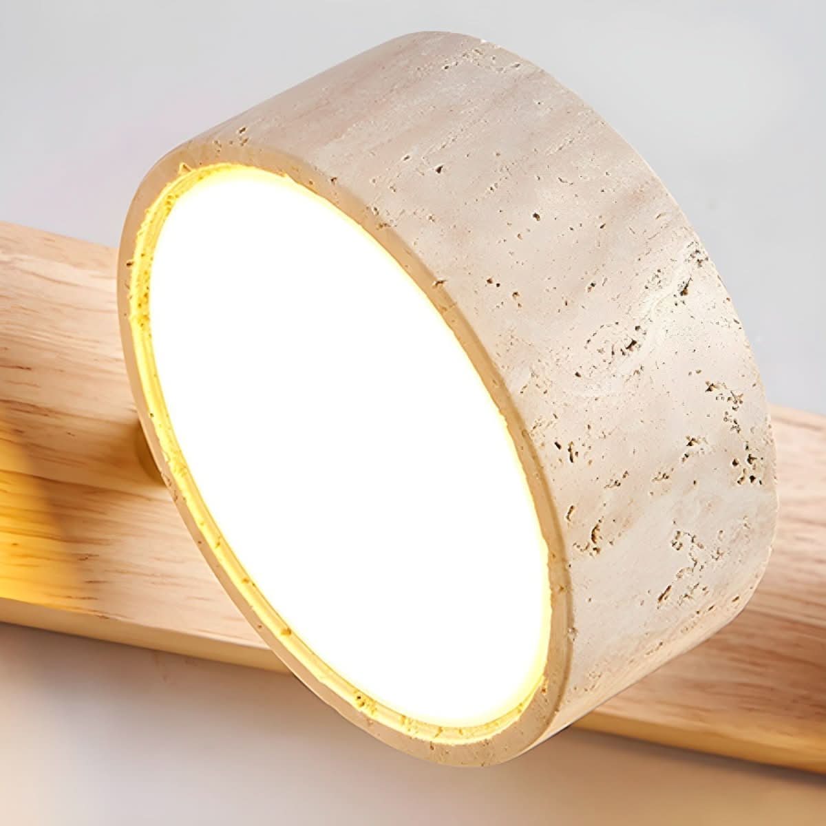 Applique murale LED en pierre naturelle, travertin et bois, lumière architecturale chaleureuse, design moderne et convivial, salon, intérieur | Sulvida