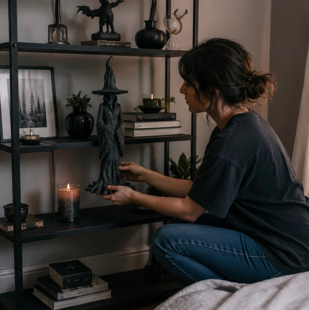 Heksen Beeldje Hars Zwart Gothic Tovenares – Mystieke Decoratie Halloween Interieur Sfeervolle Woonkamer | Sulvida