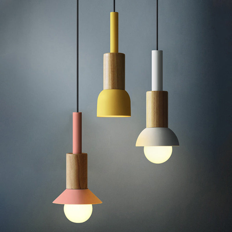 Suspension scandinave en bois avec fer coloré rose, jaune et vert, éclairage design pour salle à manger et salon, E26 | Sulvida