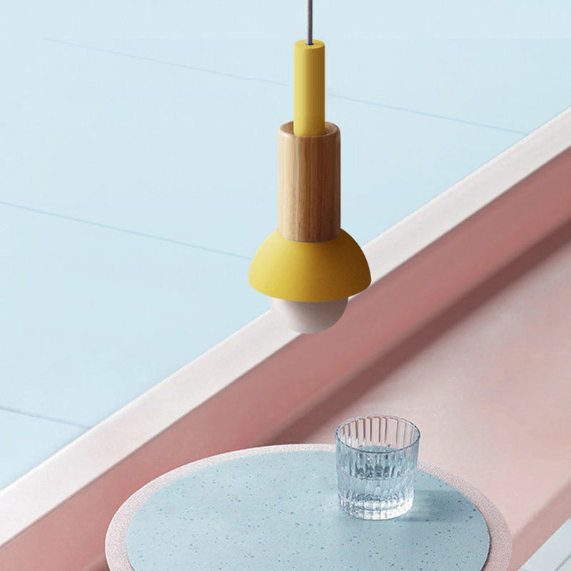 Suspension scandinave en bois avec fer coloré rose, jaune et vert, éclairage design pour salle à manger et salon, E26 | Sulvida
