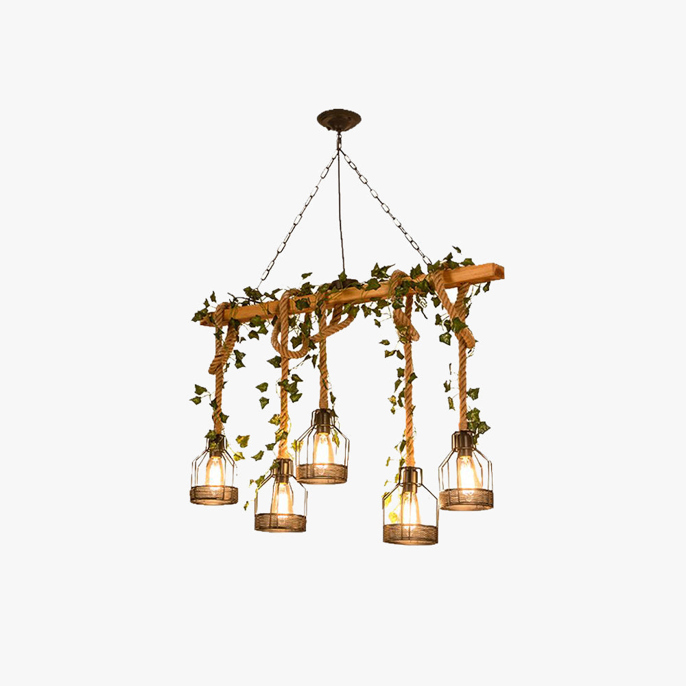 Landelijke Hanglamp met Houten Balk en Metalen Kooien 3 of 5 Lichtpunten voor Eetkamer Woonkamer Keuken | Sulvida