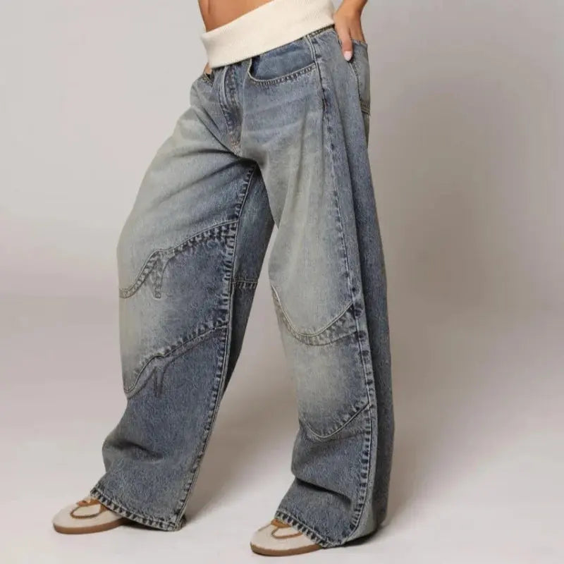 Jean baggy à taille côtelée - Pantalon large en denim pour femme - Bleu clair, look vintage streetwear | Sulvida