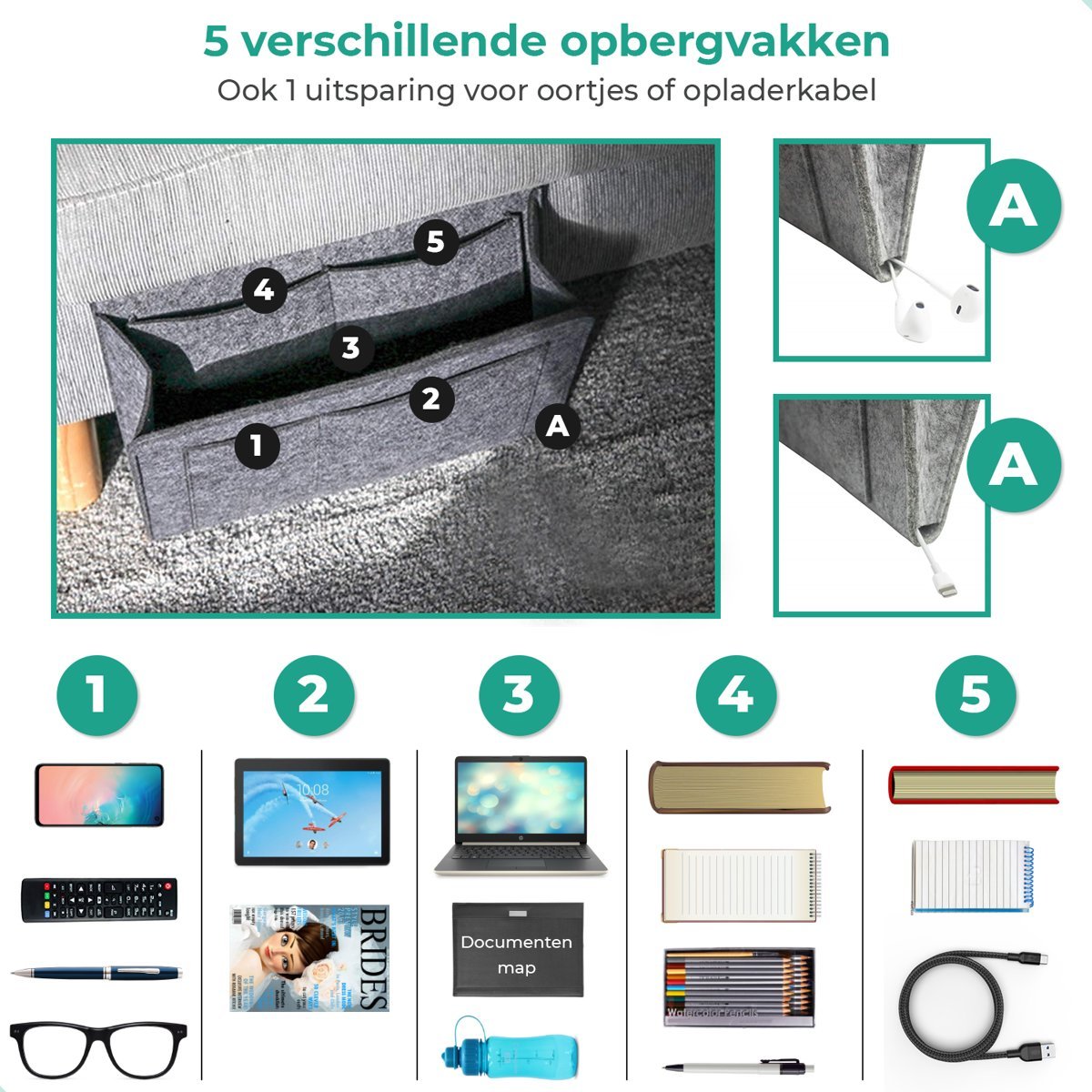 Hangorganizer voor Bed en Bank Grijs Beige Groen Bruin | Opbergtas Nachtkastje met Vakken Afstandsbediening | Sulvida